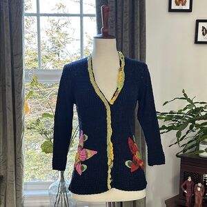 Anthropologie Dark Blue Cardigan with Floral Accents